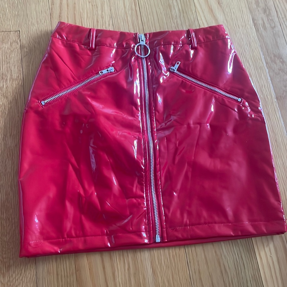 Faux latex red zipper mini skirt